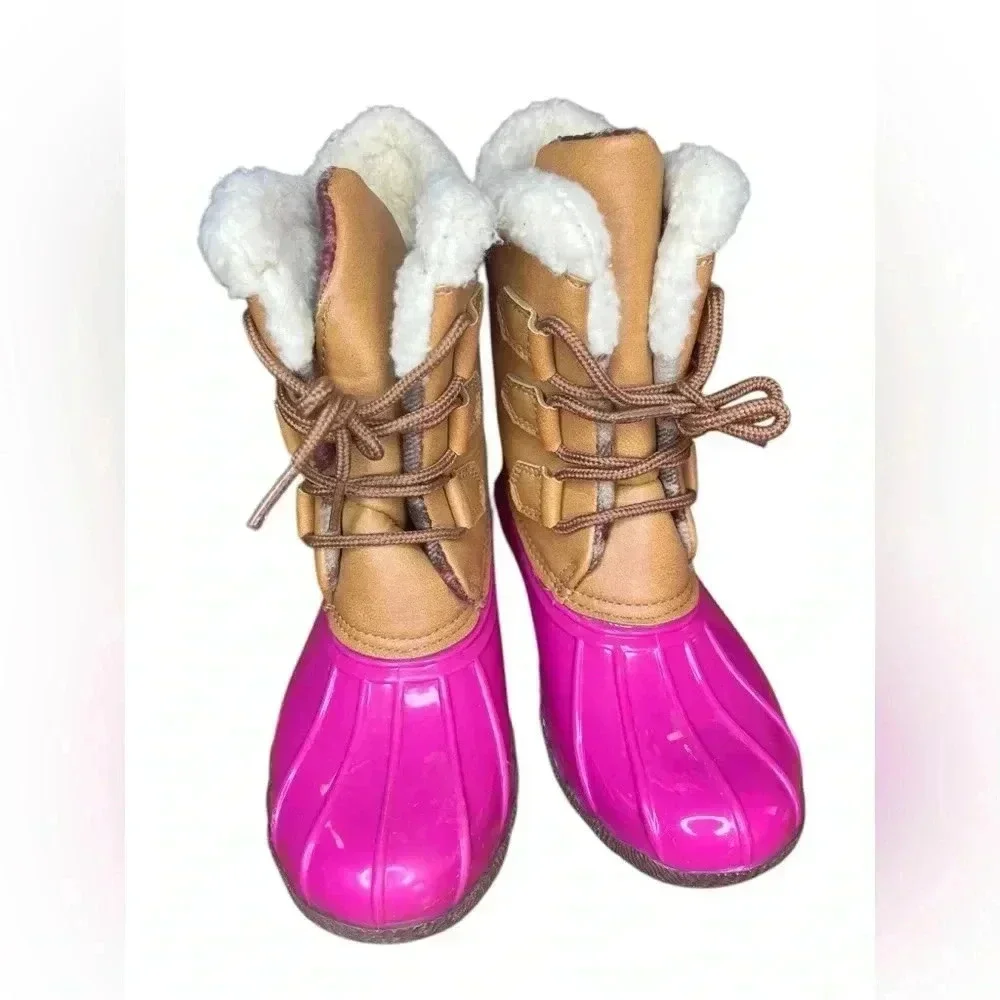 Girls sz 2 pink and brown duck boots